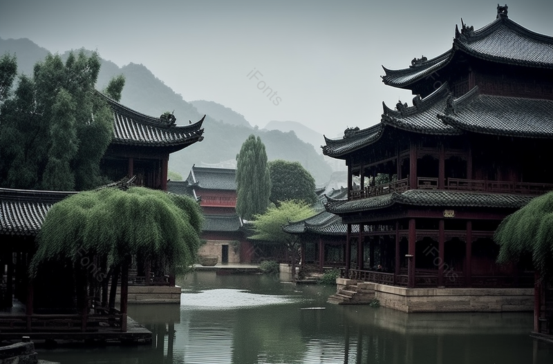 阴雨天古代园林建筑风景摄影图,高清,摄影图,摄影图片,图片大全,摄影图免费下载